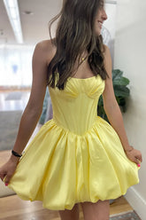 Yellow Satin Strapless A Line Short Corset Homecoming Dress To Impress