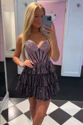 Fuchsia Tiered Beaded Corset Strapless Homecoming Dress