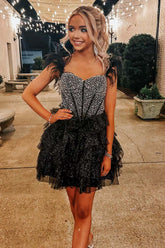 Black A Line Beaded Cold-Shoulder Ruffle Homecoming Dress with Feathers