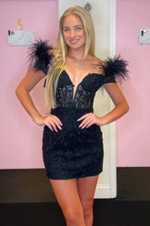 Black Mermaid V-Neck Feather Homecoming Dress with Appliques