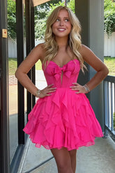 Fuchsia A Line Ruffled Short Corset Homecoming Dress with Bow