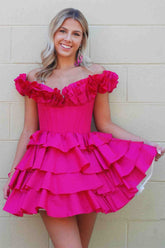 Pink A Line Off the Shoulder Ruffle Cute Homecoming Dress