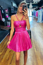 Pink A Line Spaghetti Straps Halter Metallic Pleated Homecoming Dress