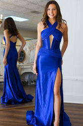 Royal Blue Mermaid Open Back Halter Long Prom Dress with Slit