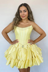 Yellow A Line Corset Strapless Short Homecoming Dress With Bows