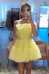 Yellow A Line Cute Strapless Tulle Short Homecoming Dress