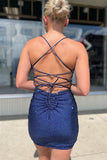 Sheath Spaghetti Straps Blue Short Homecoming Dress with Beading