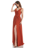 Orange A-Line V-Neck Long Bridesmaid Dress With Slit