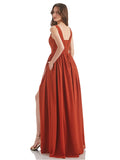 Orange A-Line V-Neck Long Bridesmaid Dress With Slit