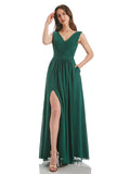 Emerald Sheath V-Neck Long Bridesmaid Dress With Slit