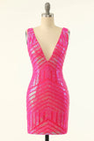 Sheath Sparkly V Neck Hot Pink Sequins Short Homecoming Dress