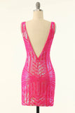 Sheath Sparkly V Neck Hot Pink Sequins Short Homecoming Dress