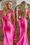 Hot Pink Mermaid Waist Hollow Long Prom Dress with Flower