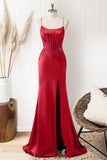 Red Mermaid Corset Spaghetti Straps Long Prom Dress with Appliques