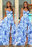 Pink A-Line Sweetheart Print Tiered Tulle Prom Dress with Slit