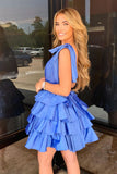 Blue A Line Tiered Short Homecoming Dress With Ruffles