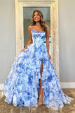Pink A-Line Sweetheart Print Tiered Tulle Prom Dress with Slit