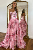 Pink A-Line Sweetheart Print Tiered Tulle Prom Dress with Slit