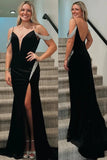 Black Mermaid Cold Shoulder V-Neck Beads Long Prom Dress with Slit