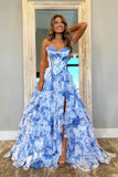 Pink A-Line Sweetheart Print Tiered Tulle Prom Dress with Slit
