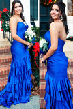 Green Mermaid Strapless V-Neck Pleated Satin Tiered Long Prom Dress with Slit