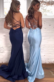 Navy Mermaid Spaghetti Straps Lace Up Back Long Prom Dress