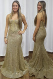 Sparkly Golden Mermaid Strapless Sequined Long Prom Dress