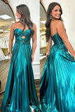 Green A Line Strapless Metallic Keyhole Pleated Prom Dress with Slit