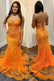 Orange Mermaid Spaghetti Straps V-Neck Lace Long Prom Dress with Appliques