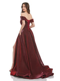 Burgundy A-Line Off the Shoulder Long Bridesmaid Dress With Slit