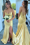 Yellow Mermaid Strapless V-Neck Metallic Long Prom Dress with Slit
