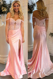 Pink Mermaid Off The Shoulder Sweetheart Appliques Pleated Prom Dress with Slit