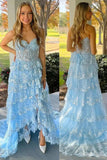 Blue A-Line Strapless Sequins Tiered Appliques Long Prom Dress with Slit