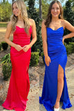 Red Mermaid Strapless Satin Pleated Long Prom Dress with Slit