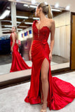 Hot Mermaid One Shoulder Red Long Prom Dress with Appliques