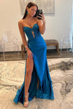 Navy Blue Sweetheart Mermaid Long Satin Prom Dress with Split