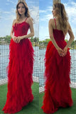 Red Mermaid Spaghetti Straps Ruffles Tulle Sleeveless Long Prom Dress