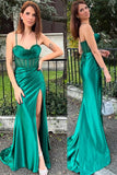 Green Mermaid Spaghetti Straps Pleated Satin Long Prom Dress with Slit