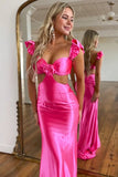 Hot Pink Mermaid Waist Hollow Long Prom Dress with Flower