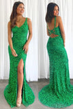Glitter Green Mermaid V Neck Long Prom Dress with Slit