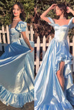 Light Blue A Line Bodice Long Prom Dress with Slit