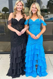 Yellow Mermaid Ruffles Cold Shoulder V-Neck Long Prom Dress with Appliques