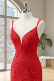 Red Mermaid Spaghetti Straps Sequin Long Prom Dress with Appliques