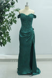 Green Mermaid Off The Shoulder Long Prom Dress with Slit