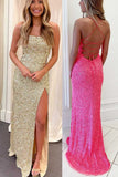 Hot Pink Mermaid Strapless Sequins Long Prom Dress with Slit