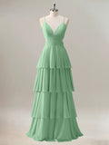 Green A Line V Neck Tiered Long Bridesmaid Dress with Lace Up Back
