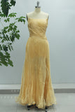 Champagne A Line Tulle Strapless Long Prom Dress