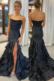 Light Pink Mermaid Strapless Corset Long Prom Dress with Ruffle Skirt