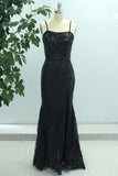 Sparkly Black Mermaid Spaghetti Straps Long Prom Dress with Slit