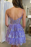 A Line Lilac Short Spaghetti Straps Homecoming Dress with Lace Ruffles